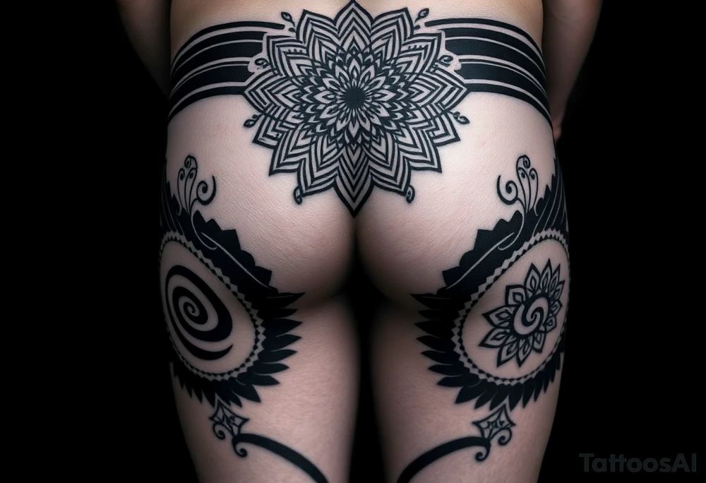 Blackwork geometric tattoo on male lower body, both thighs fully 
covered, buttocks and lower back, large central mandala on lower back 
flowing into glutes, double spiral motif on each buttock cheek, 
spiral black bands wrapping diagonally around thighs, alternating 
fill patterns per zone: dotwork floral geometry on outer thigh, 
hexagonal star patterns on inner thigh, massive black background 
areas, fine ornamental cutouts, seamless full coverage with no gaps, 
pure black ink, no grey wash, photorealistic tattoo photography, 
dark background tattoo idea