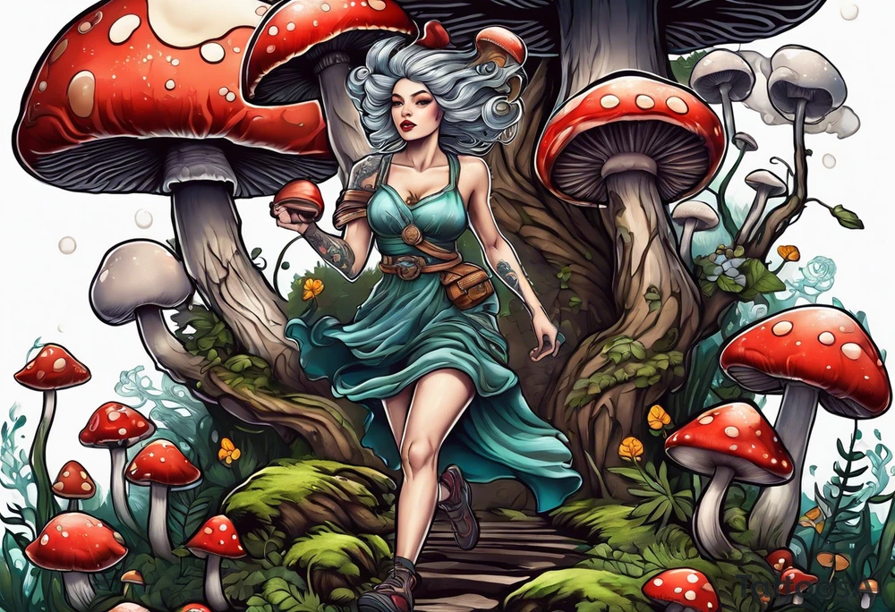 mushroom lady running naked in the woods tattoo idea