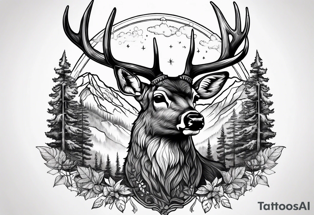 deer head  mountain forest tattoo idea