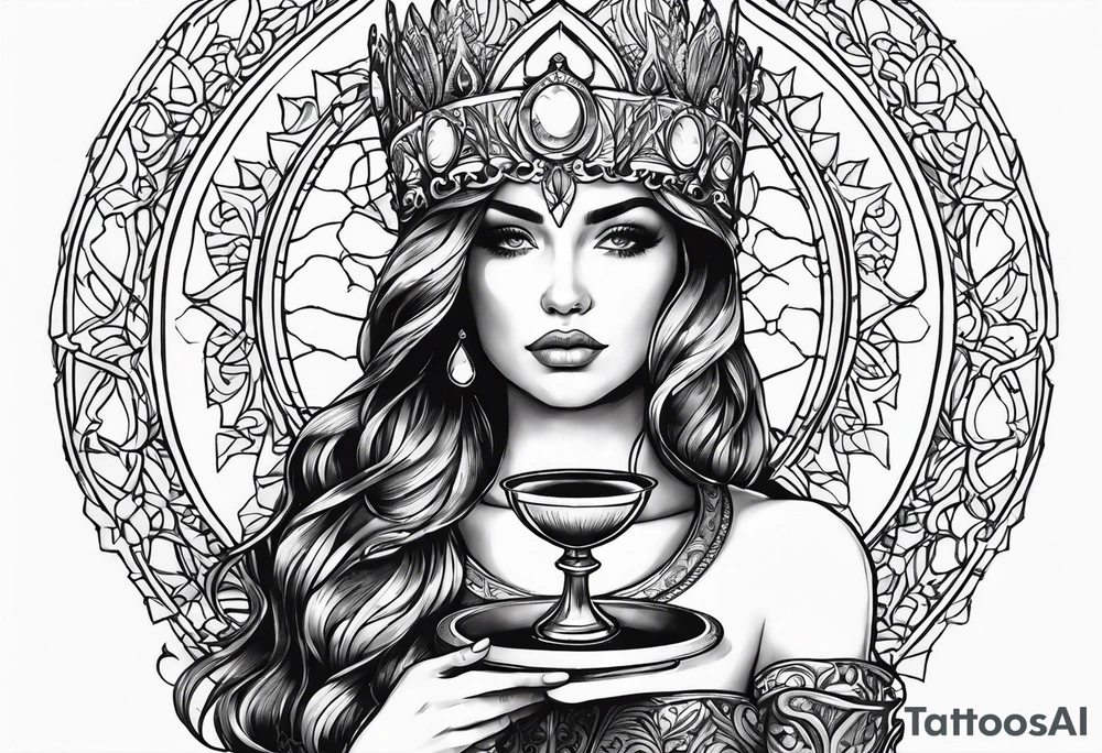 a woman with a halo holding a chalice tattoo idea