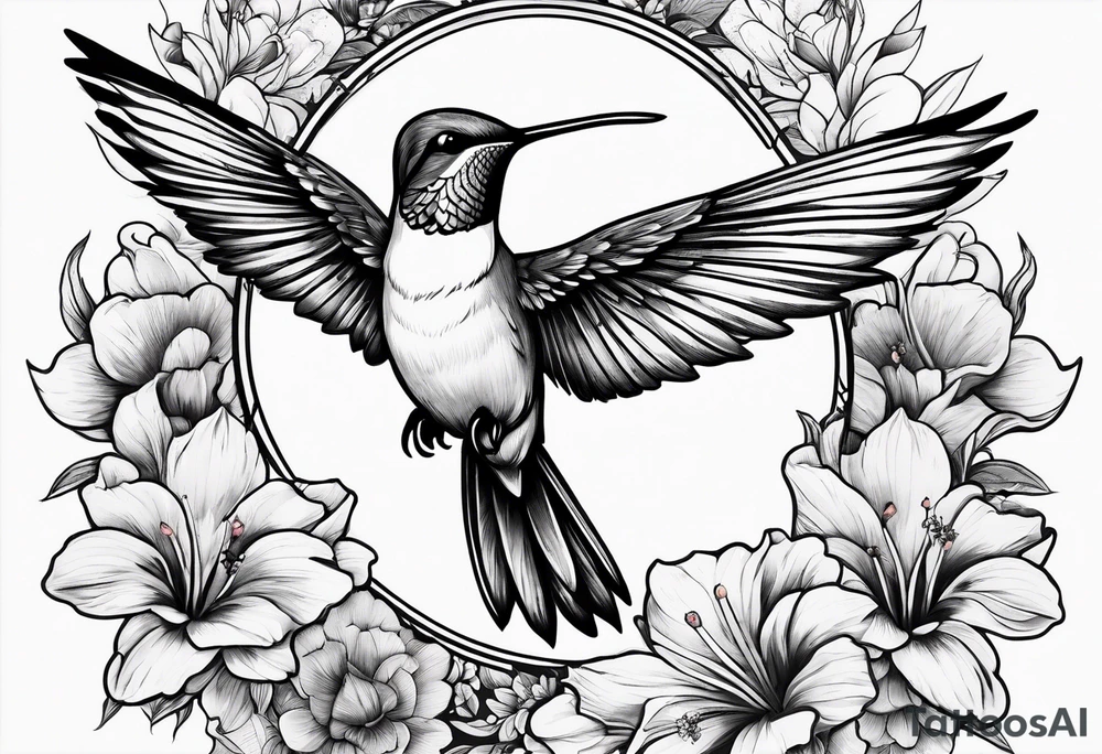 Humming bird surrounded by beautiful flowers tattoo idea