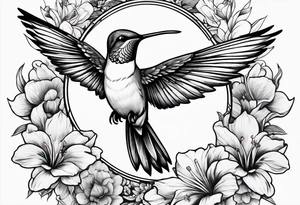 Humming bird surrounded by beautiful flowers tattoo idea
