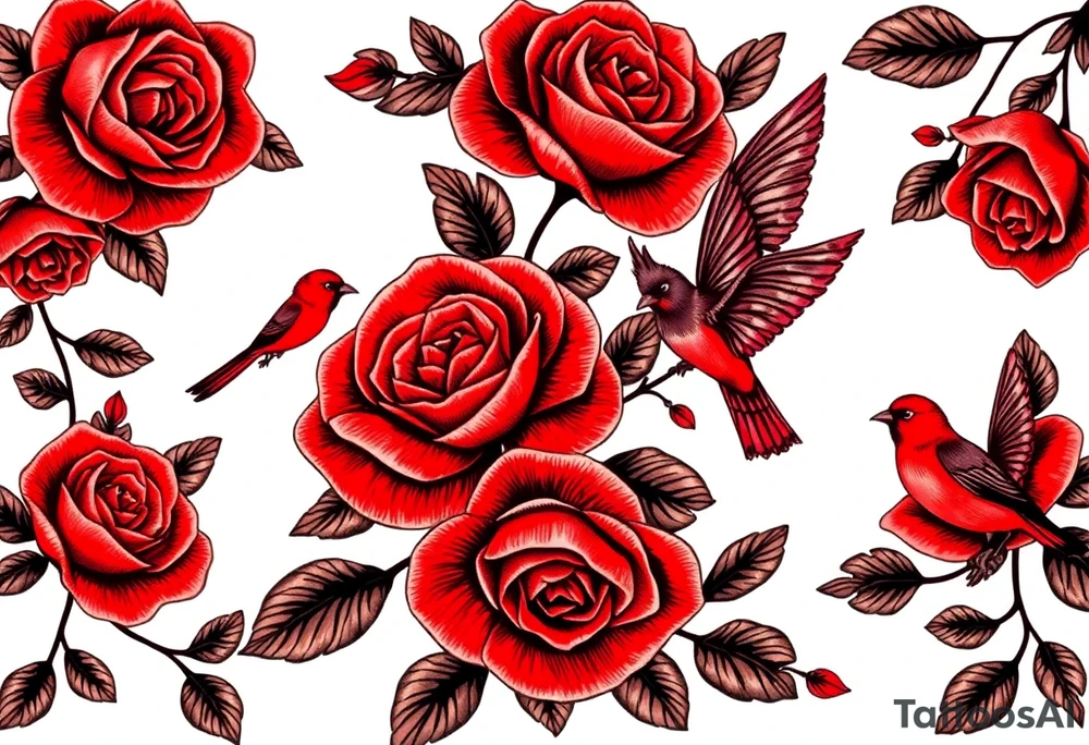 Vintage lace, red roses, red birds, vintage tattoo idea