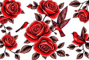 Vintage lace, red roses, red birds, vintage tattoo idea