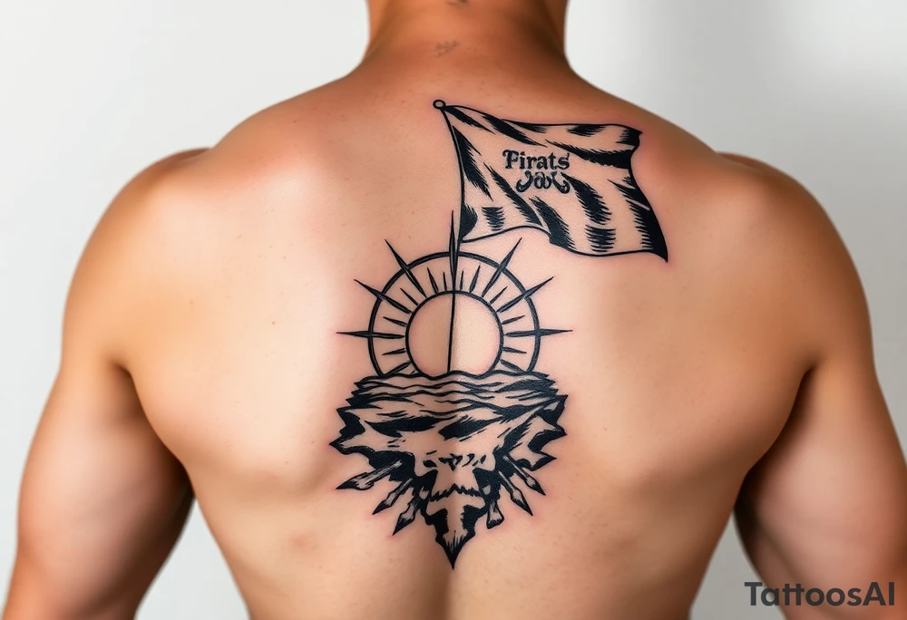 Full sleeve with pirate flag, sun rise, tattoo idea