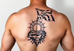 Full sleeve with pirate flag, sun rise, tattoo idea
