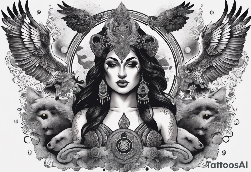 black kali, goddess pirate, alien, angel, pachamama, valkrye, warrior, flying, skull, lotus azul, wing, eagle, zenza resonance, stars, 5D, anahata chakra, death, durga, riding on a tiger, flying lady, kundalini, chest tatoo, samuri, rebel, serpent tattoo idea