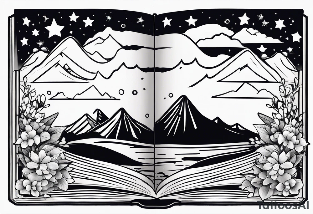 Open book with stars and mountains in a cartoon minimalistic design. Incorporate sushi subtly tattoo idea