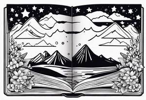 Open book with stars and mountains in a cartoon minimalistic design. Incorporate sushi subtly tattoo idea