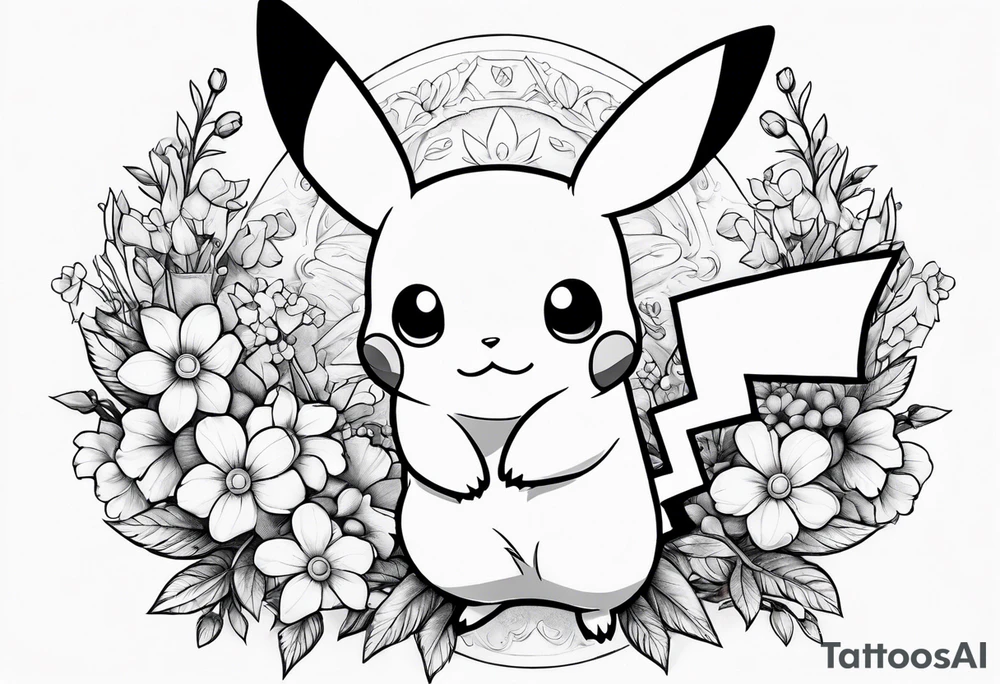 Pikachu Holding bouquet of forget me nots tattoo idea