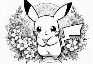 Pikachu Holding bouquet of forget me nots tattoo idea
