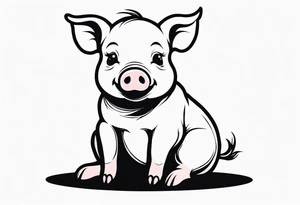 cute pig/piglet sitting on bum. big eyes, small/floppy ears. draw with very thin lines minimal shading, black and white only, with text "friends not food", white background tattoo idea