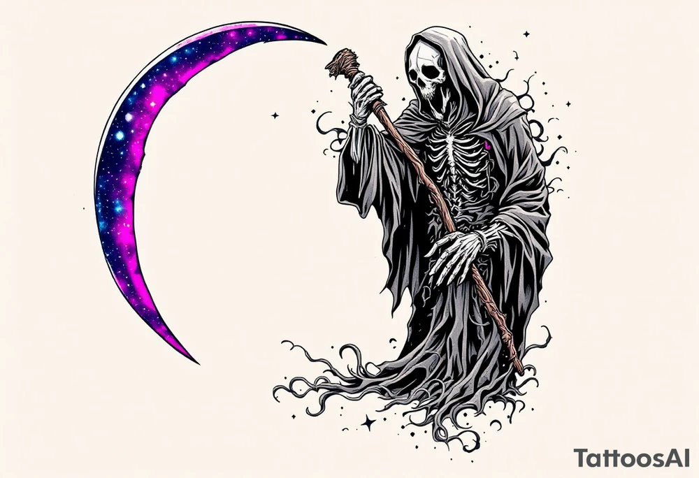 A cosmic-themed Grim Reaper holding a scythe with a galaxy blade in deep purples and blues. tattoo idea