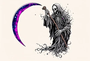 A cosmic-themed Grim Reaper holding a scythe with a galaxy blade in deep purples and blues. tattoo idea