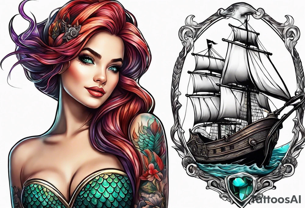 mermaid with galleon ship tattoo idea
