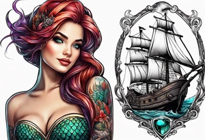 mermaid with galleon ship tattoo idea