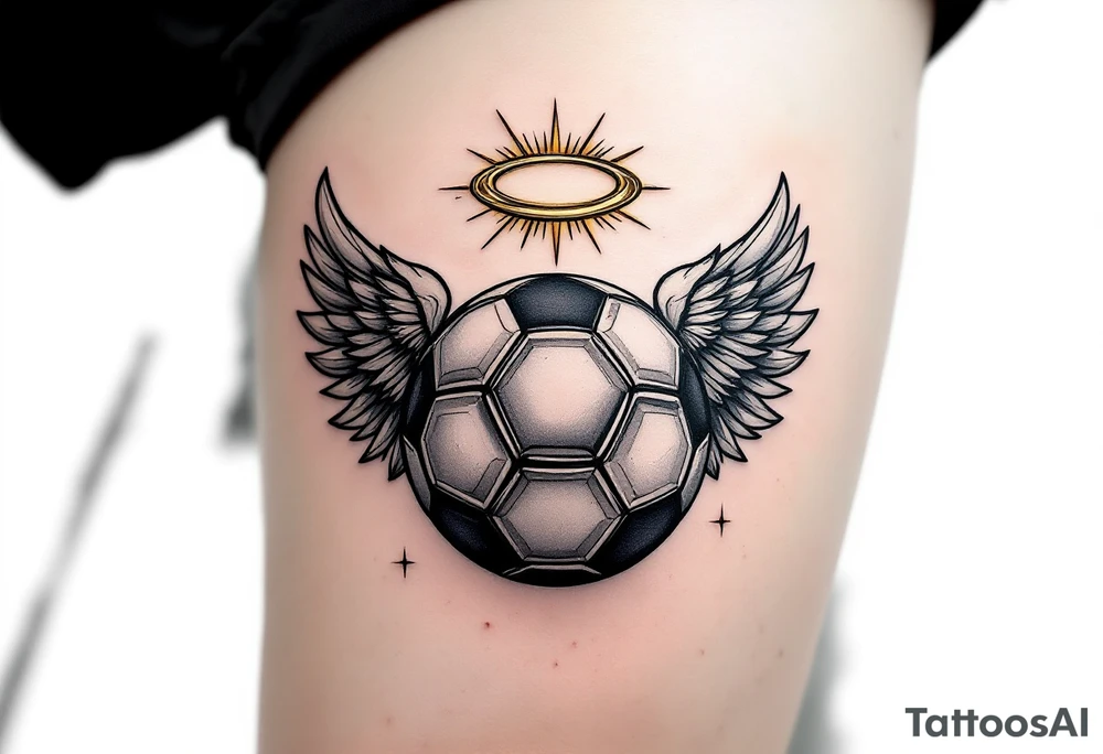A black and gray soccer ball with angel wings and a golden halo above. tattoo idea