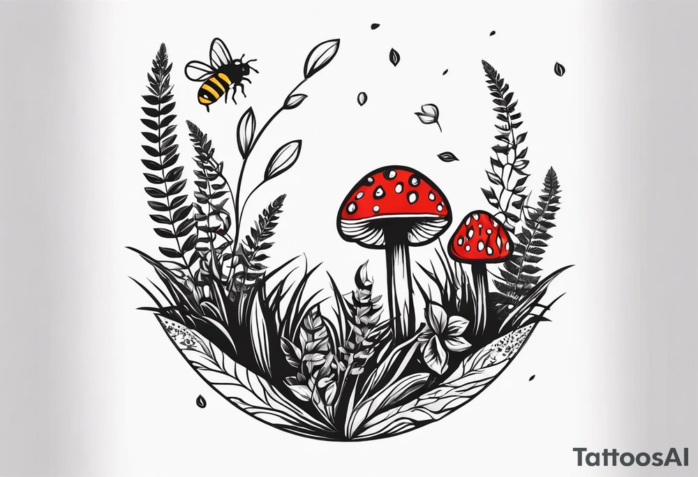 forest floor inspired minimalist tattoo, which includes grass, curly ferns and dead leaves as the bulk of the tattoo. details to include: three very tiny strawberries, a tiny bumblebee flying nearby, three small brown mushrooms tattoo idea