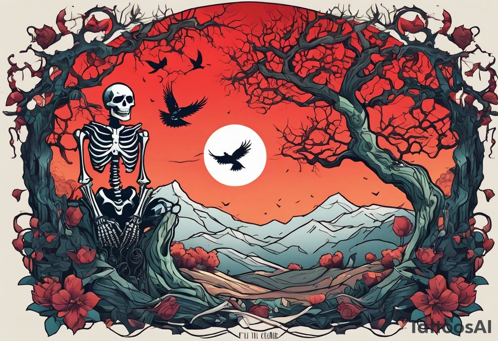 An ancient tree with a skeleton hanging on it. A joker and a skeleton in armor are chained near the tree. A red sun shines above the tree, and skeletons of birds fly tattoo idea