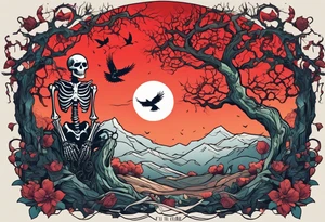 An ancient tree with a skeleton hanging on it. A joker and a skeleton in armor are chained near the tree. A red sun shines above the tree, and skeletons of birds fly tattoo idea
