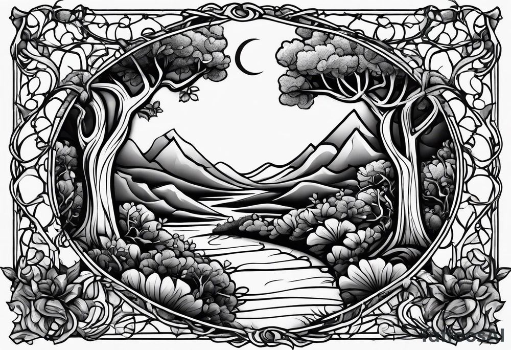 stone road over leafy vines tattoo idea