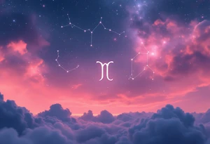 A pink and navy ombré sky holds the Cancer constellation with a silver zodiac glyph glowing at its center. tattoo idea
