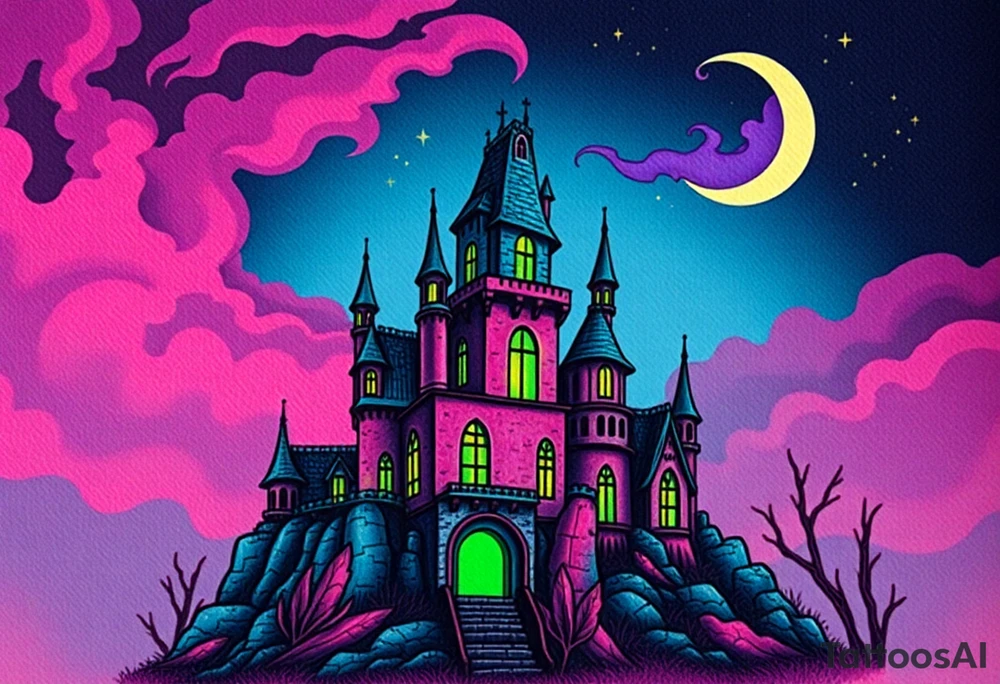 Tim Burton’s disney sleeping beauty’s haunted castle is abandoned and dripping with muted reds, dusty pinks, and eerie green glow.purple and cyan smokey clouds swirl in the crescent moonlit sky thats sprinkled with stars tattoo idea tattoo idea