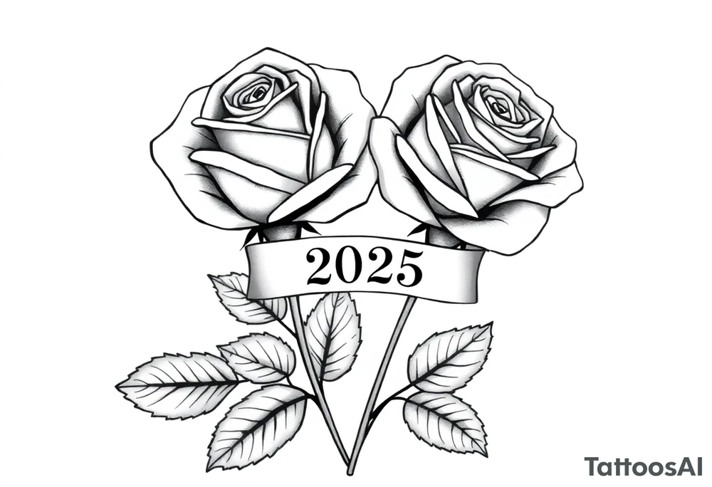two beautiful large rose buds, one larger than the other, with lots and lots of leaves next to the rose buds, with one sitting slightly higher than the other, side-by-side.  Include a banner connecting the two roses with the year 2025 on it.   Use dark outlines with little shading. No stems tattoo idea