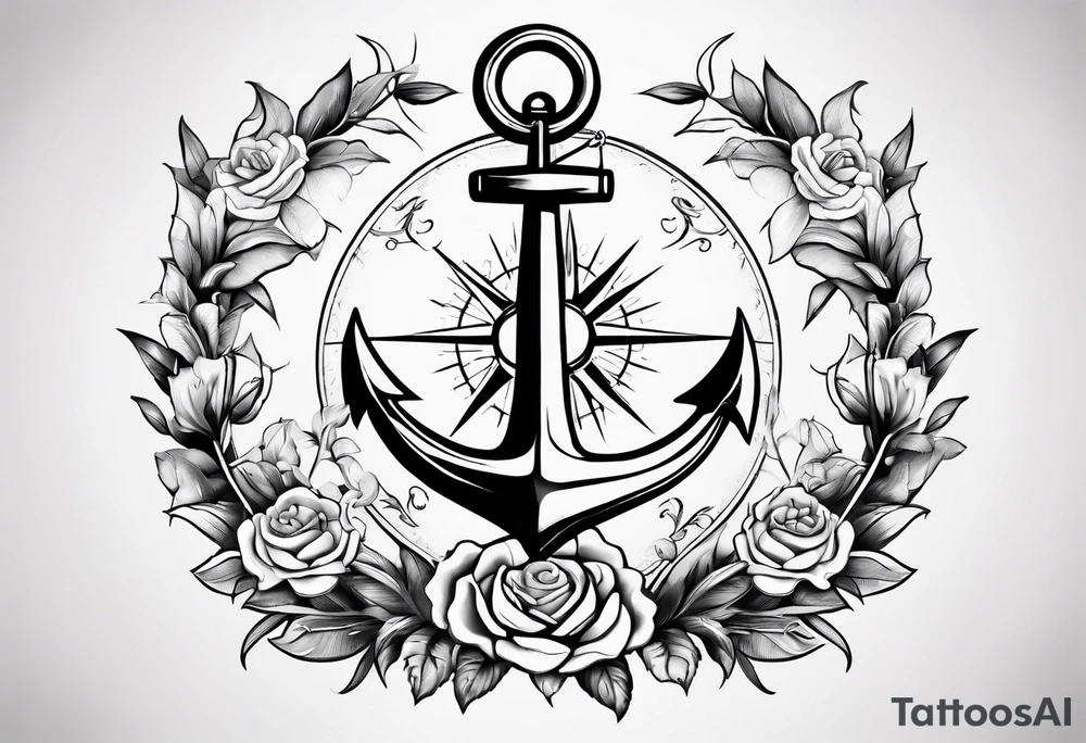 A selucid style anchor in front of a compass and a narrow laurel wreathe wrapped around the compass tattoo idea