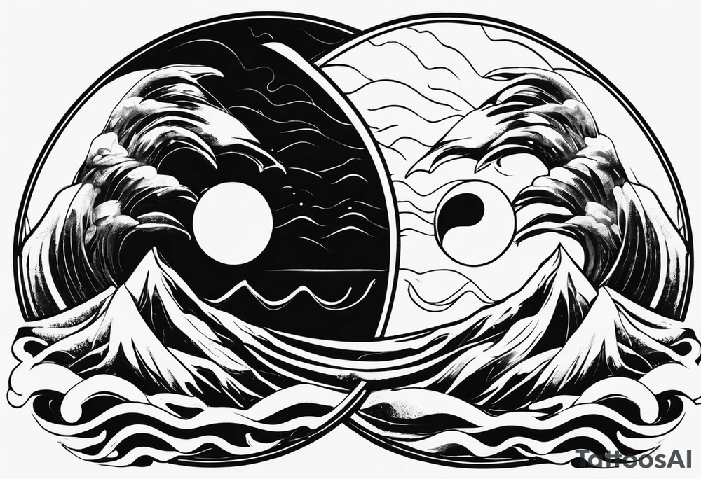 sun and moon in yin yang symbol
over ocean wave and mountains tattoo idea