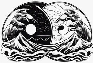 sun and moon in yin yang symbol 
over ocean wave and mountains tattoo idea