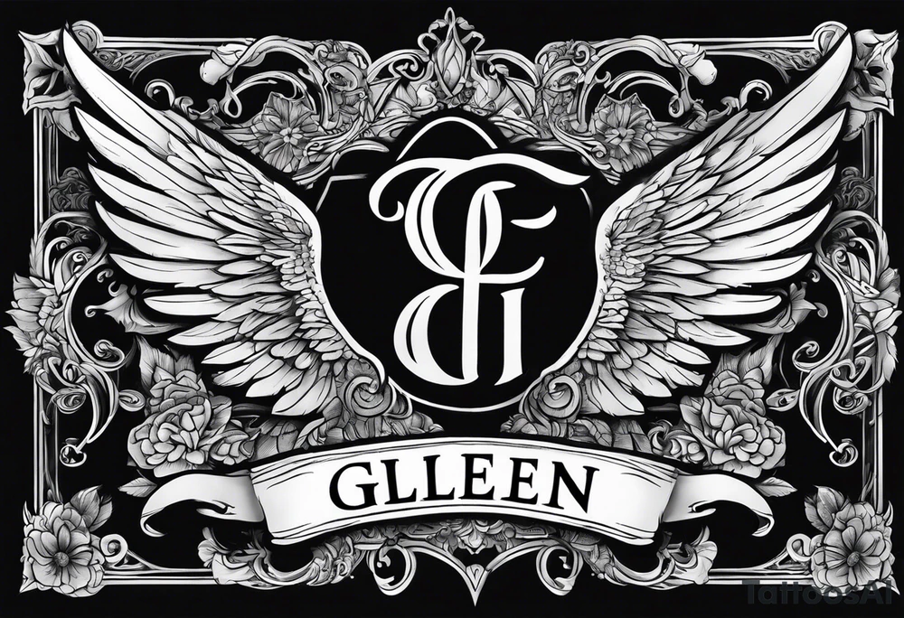 The word Glenn on a banner with angel Wings tattoo idea