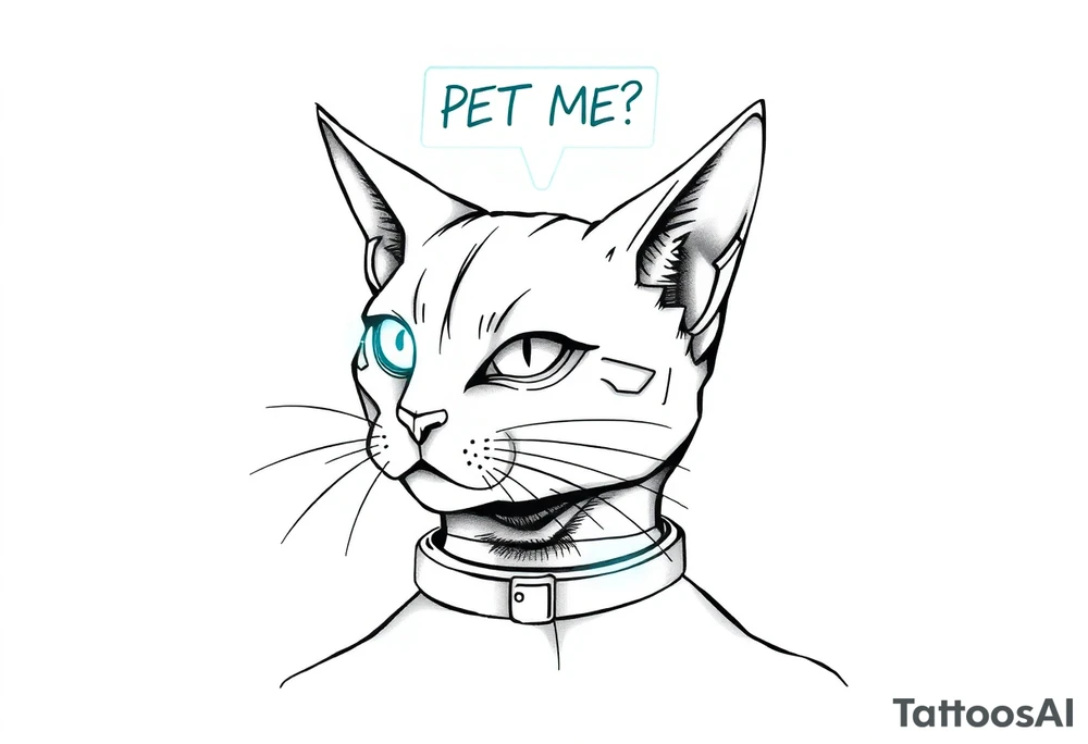 Cybernetic Cat with a Holographic CollarA sleek, cyberpunk cat with one glowing eye and mechanical enhancements.A floating AR display above its head showing "PET ME?"Whiskers made of thin fiber-optic cables. tattoo idea