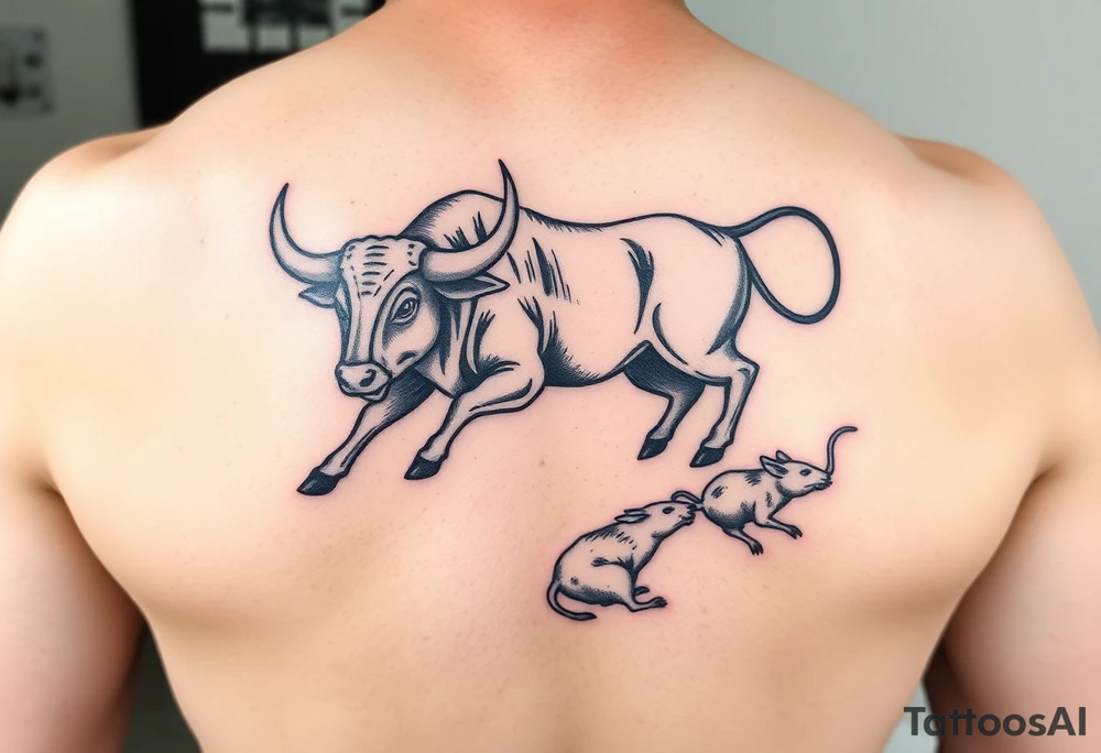 Bull chasing a rat traditional with color lower back tattoo idea