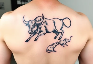 Bull chasing a rat traditional with color lower back tattoo idea