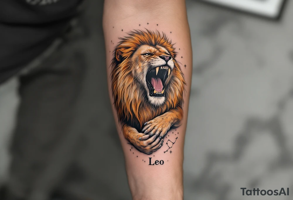 A roaring lion in shades of amber and black cradles the Leo constellation above its paw, traced in delicate white ink. tattoo idea