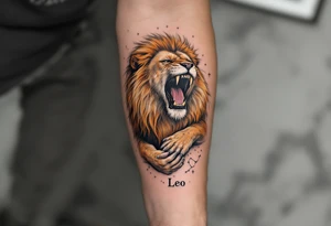 A roaring lion in shades of amber and black cradles the Leo constellation above its paw, traced in delicate white ink. tattoo idea