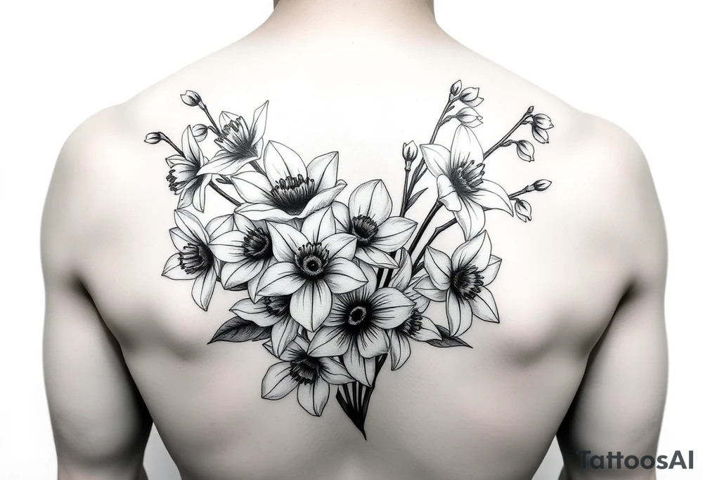 bouquet of daffodils, daisies, lily of the valley tattoo idea