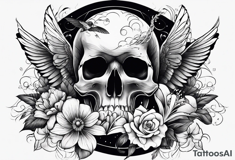 hummingbird, skull, flower, storm clouds tattoo idea