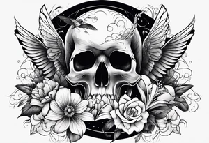hummingbird, skull, flower, storm clouds tattoo idea