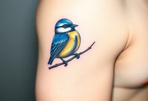 Blue tit bird sitting on a branch tattoo idea