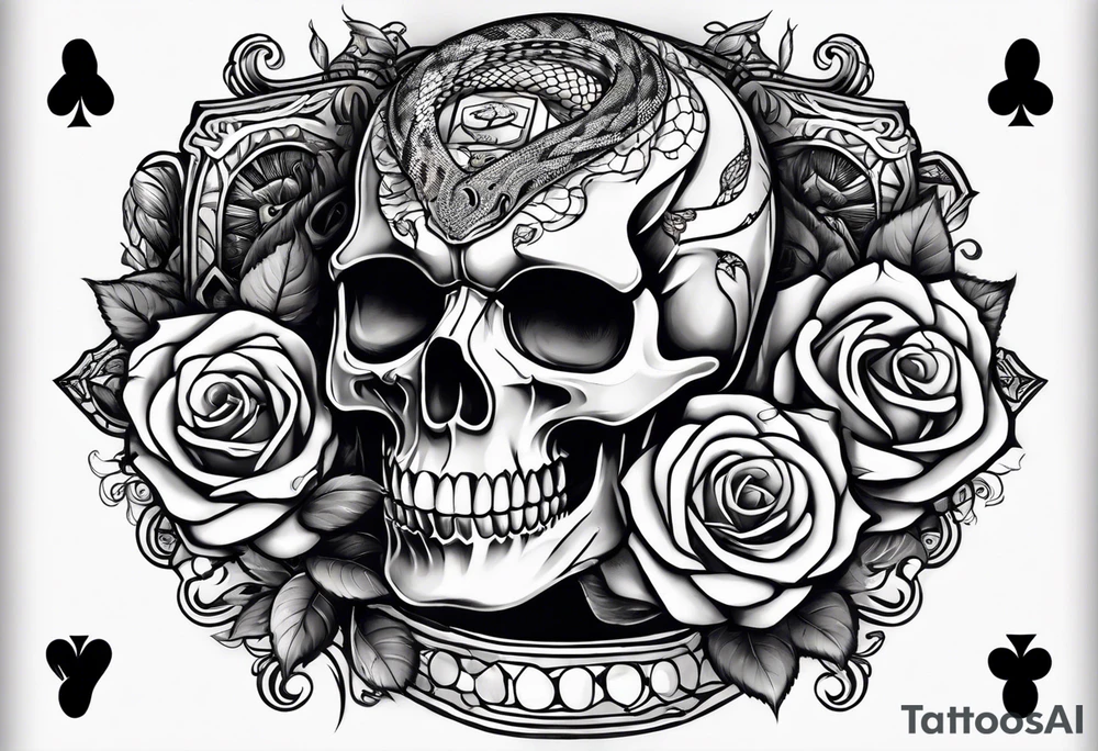 Snake in skull head,money rose,playing cards tattoo idea
