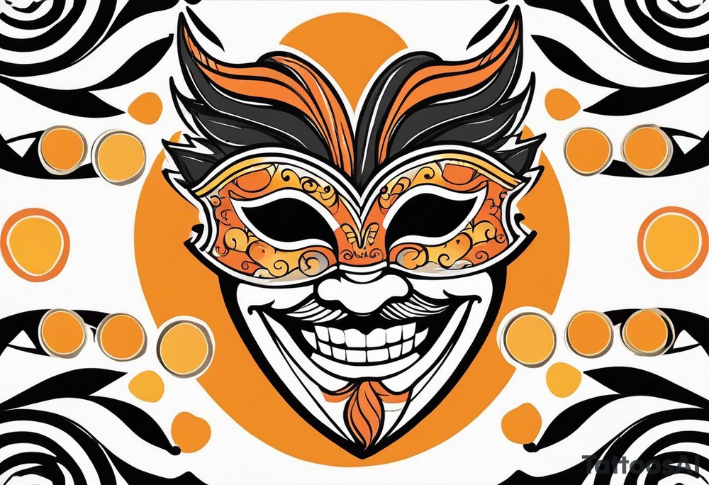 Laughing Male masquerade mask with orange and black circles tattoo idea
