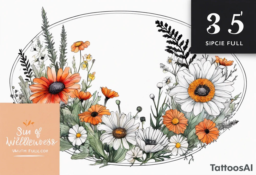 an oval of wildflowers cascading with thistles, ferns, white anemones, sun flowers, red flowers, black flowers, buttercups, orange flowers, babys breath and daisies all in watercolor tattoo idea