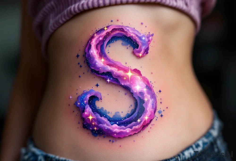 A cosmic nebula "S" in pinks and purples with stars and glowing dust clouds. tattoo idea