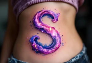 A cosmic nebula "S" in pinks and purples with stars and glowing dust clouds. tattoo idea