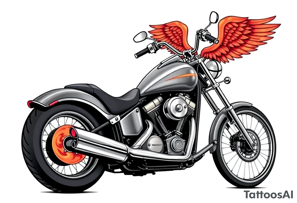 Low rider grey motorcycle, big muffler pipes with flames, angel wings, driving away, no person tattoo idea