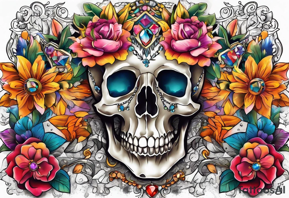 Floral chest piece with animal skull and gems tattoo idea