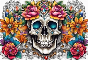 Floral chest piece with animal skull and gems tattoo idea