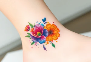 a colorful, vibrant, rainbow watercolor tattoo with one rose, one lily, one marigold, and one cosmos flower and with splashes of color tattoo idea